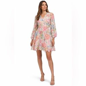Dalia McPhee Floral Lace Dress V-Neck Long Sleeve Multicolor